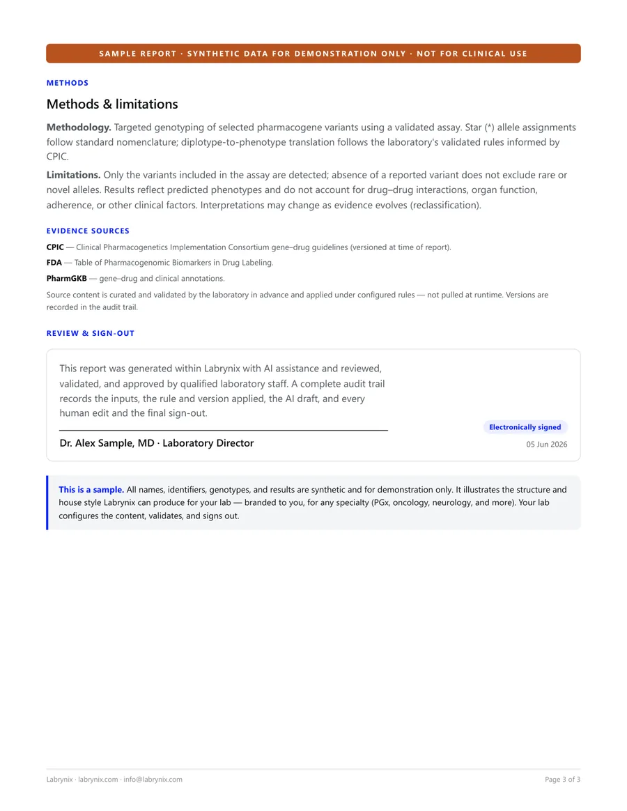 Sample PGx report — page 3, methods and electronic sign-out